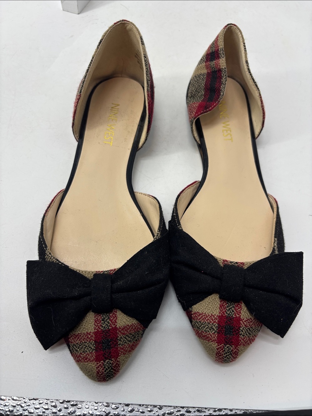 Nine West Red and Tan Plaid Pointed D'Orsay Flats with Black Bow